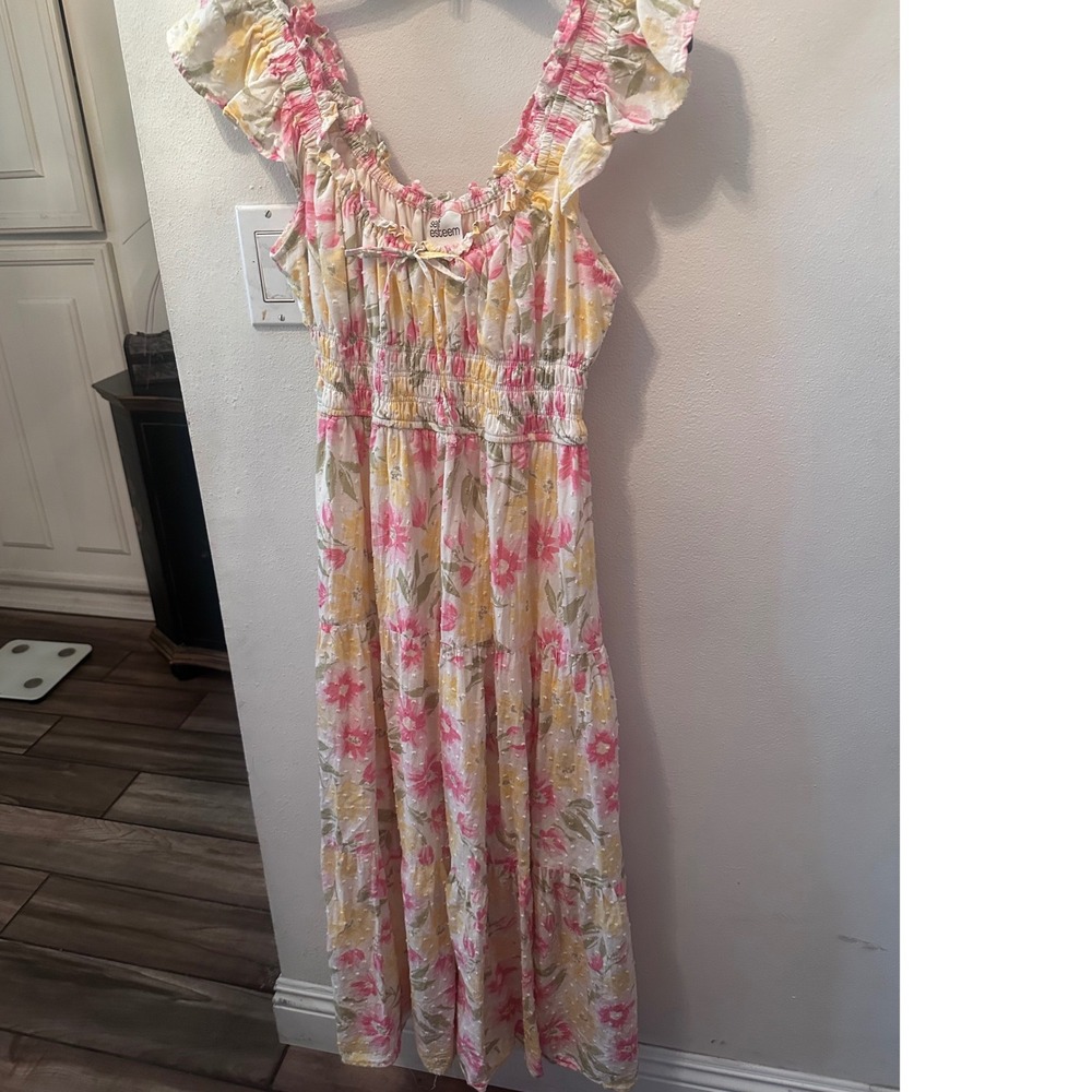 Self Esteem Floral Smocked Midi Dress Pink Yellow Swiss Dot Ruffle Cottagecore